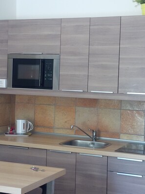 Appartement, 1 chambre, cuisine | Cuisine privée | Grand réfrigérateur, micro-ondes (sur demande), plaque de cuisson