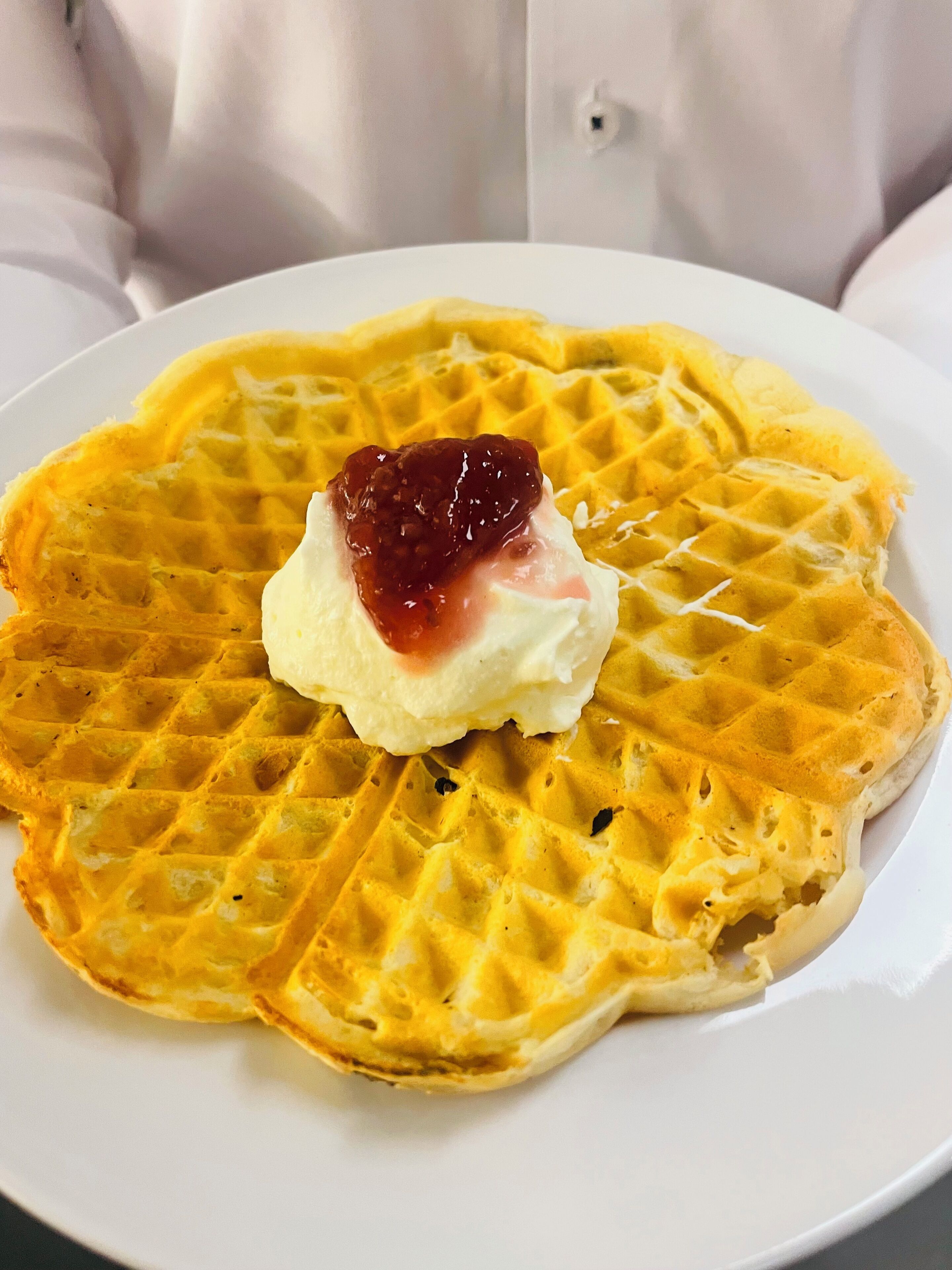 A waffle with whipped cream and jam on a white plate.