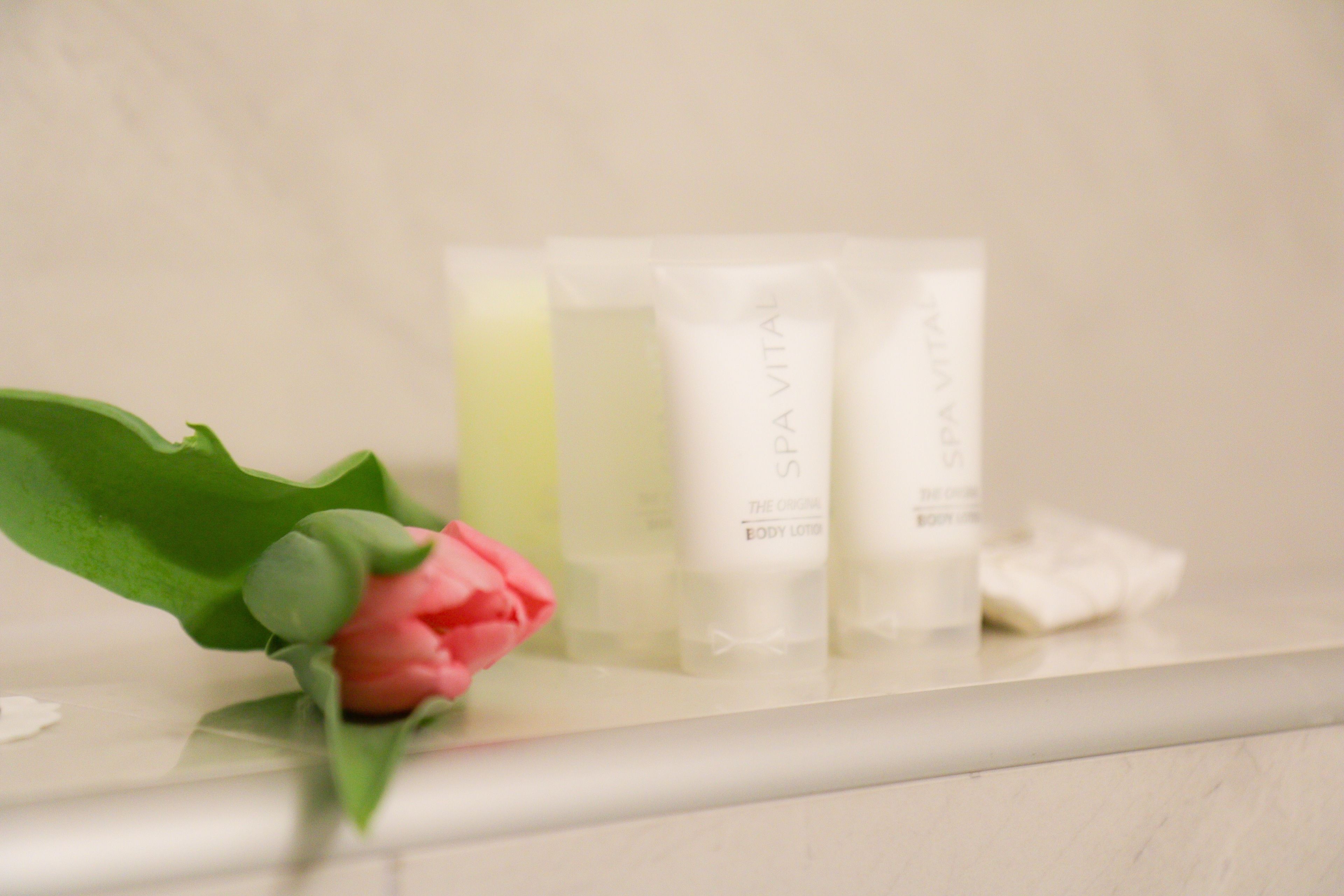 A bathroom counter with three bottles of body lotion and a pink rose.
