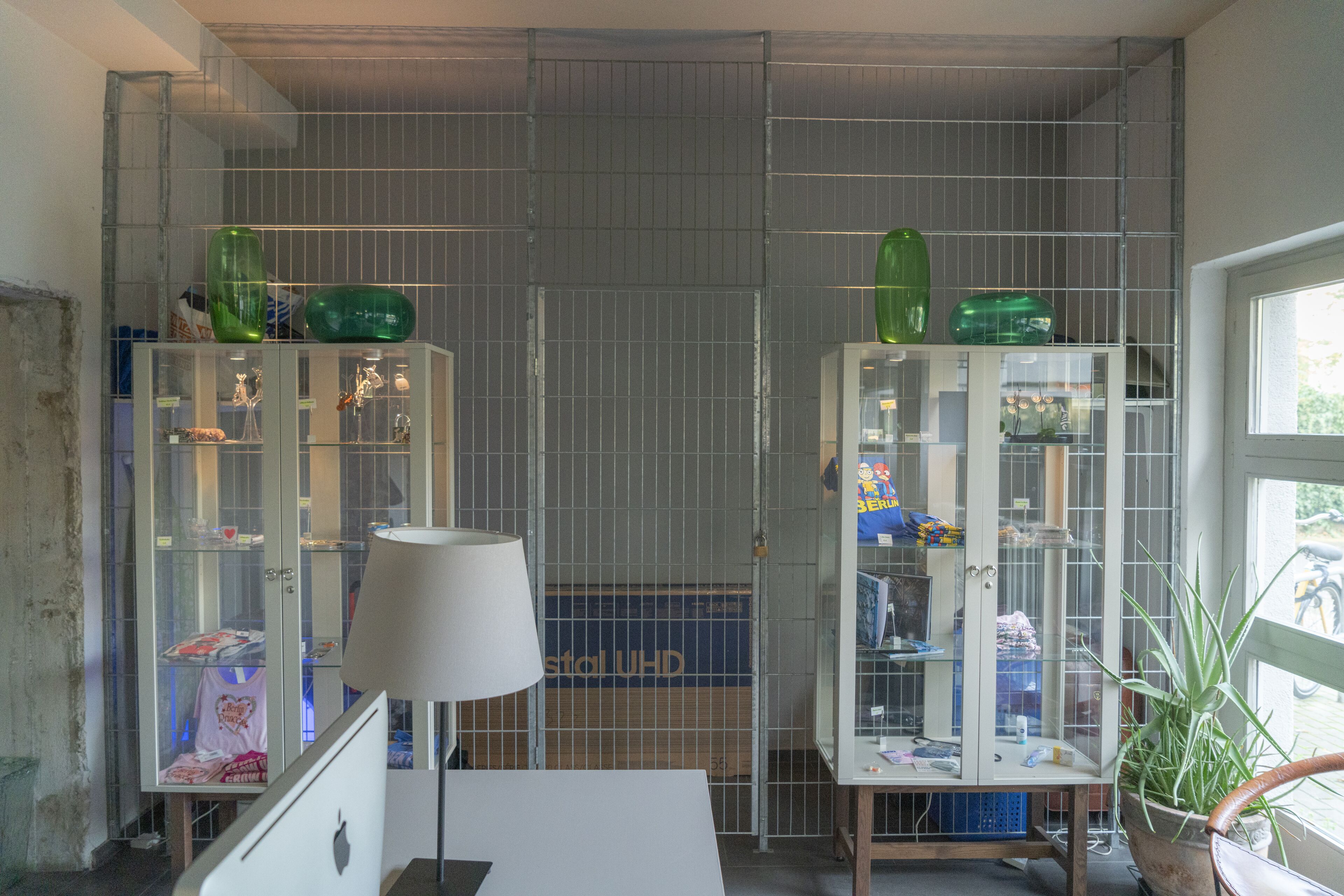 A room with two glass display cabinets containing various items, a white lamp, and a potted plant.