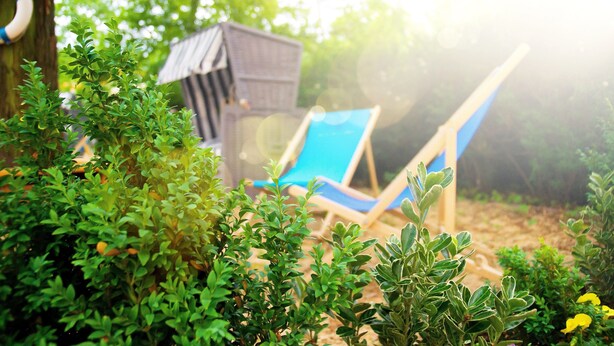 A garden area with a wooden playhouse, a blue lounge chair, and various green shrubs. - BIG MAMA Berlin (Berlin)