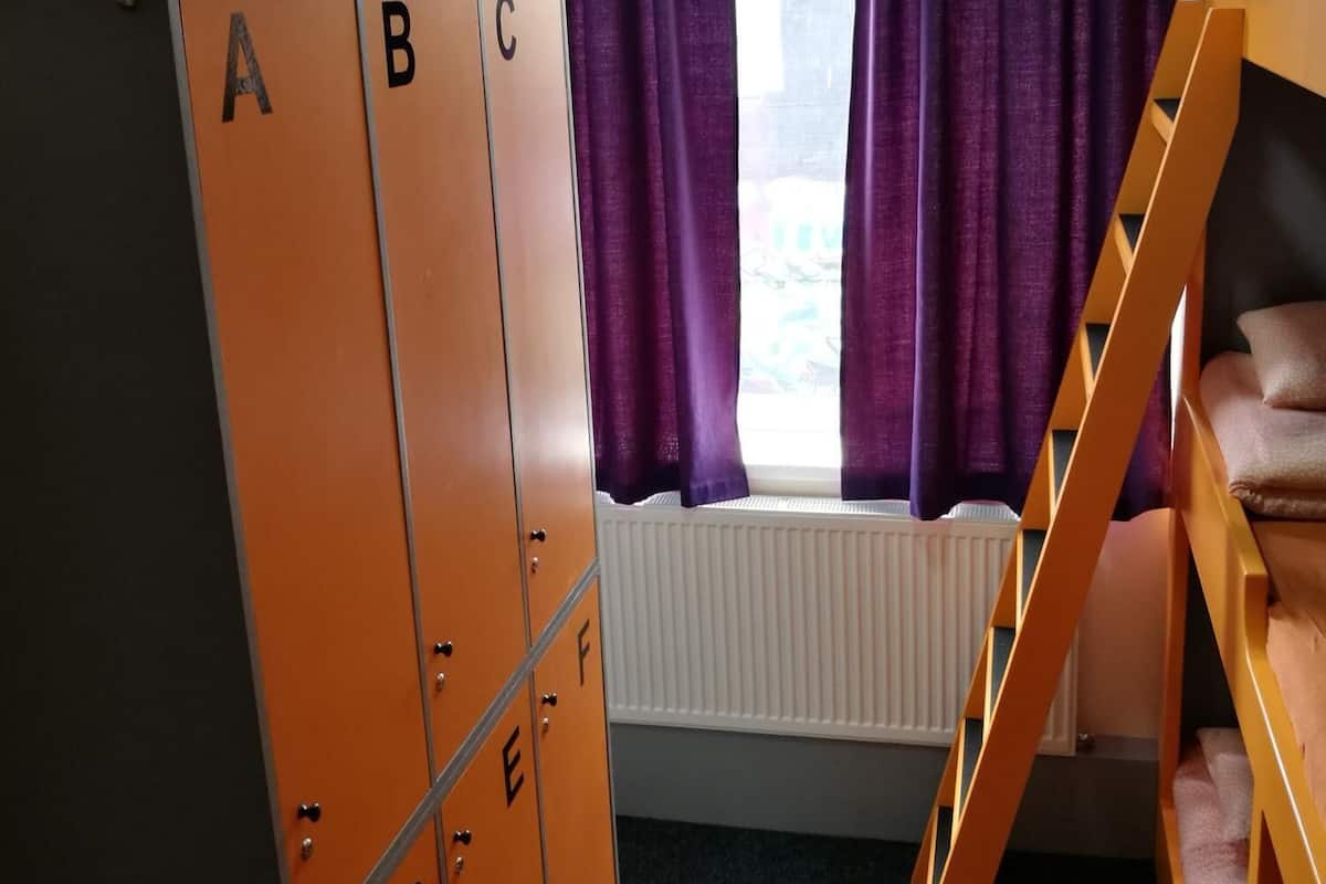 A dormitory room with orange lockers labeled A to E, a window with purple curtains, a white radiator, and a wooden bunk bed.