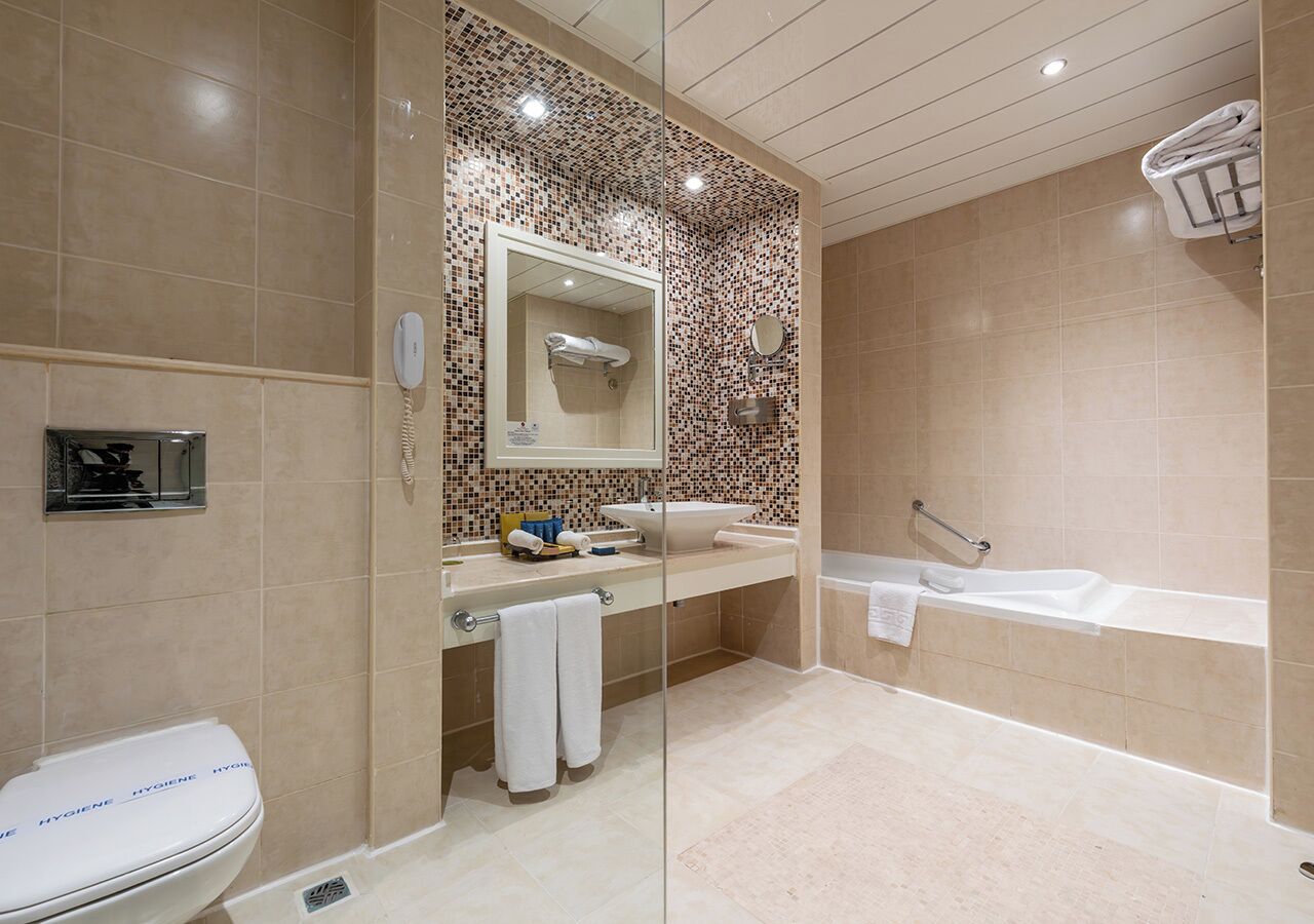 Separate tub and shower, eco-friendly toiletries, hair dryer, towels