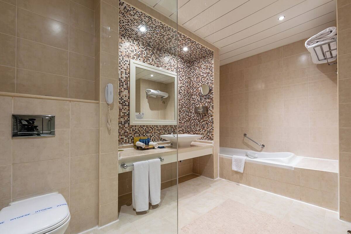 Separate tub and shower, eco-friendly toiletries, hair dryer, towels
