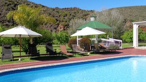 A pool area with lounge chairs and umbrellas, surrounded by a landscaped garden and a view of hills.