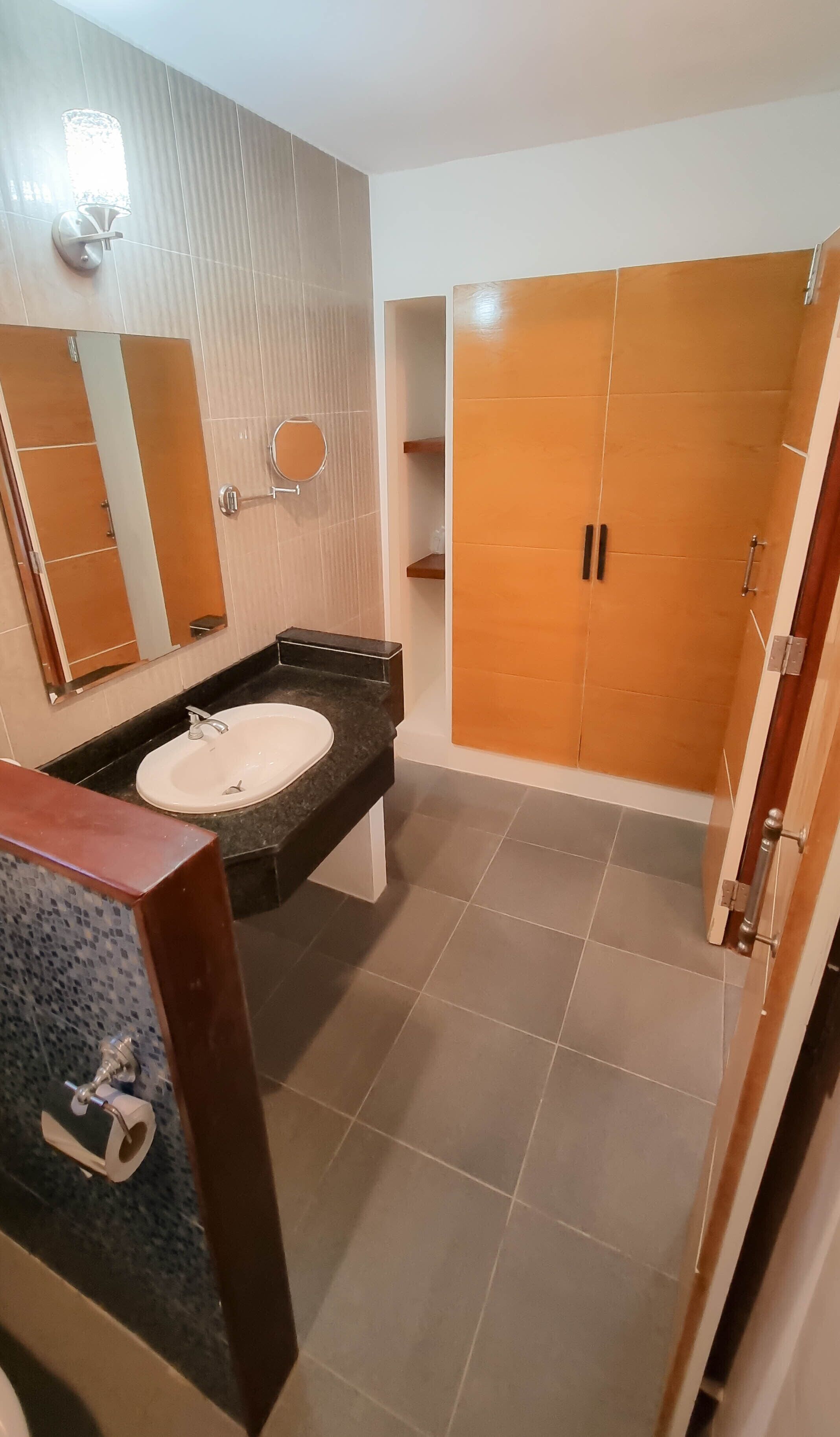 deluxe suite room | bathroom | shower, free toiletries, hair dryer, towels