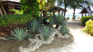 A pathway lined with agave plants and white pebbles, leading to a beach area with a gazebo and a building with a tiled roof. - Blue Andaman Lanta Resort (Ko Lanta)