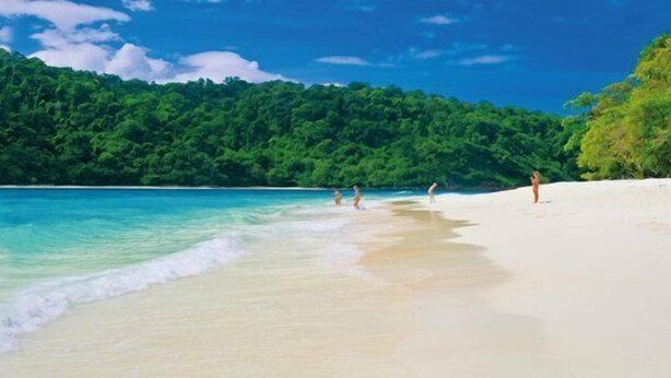 A beach with clear turquoise water, white sand, and dense green foliage in the background. - Blue Andaman Lanta Resort (Ko Lanta)