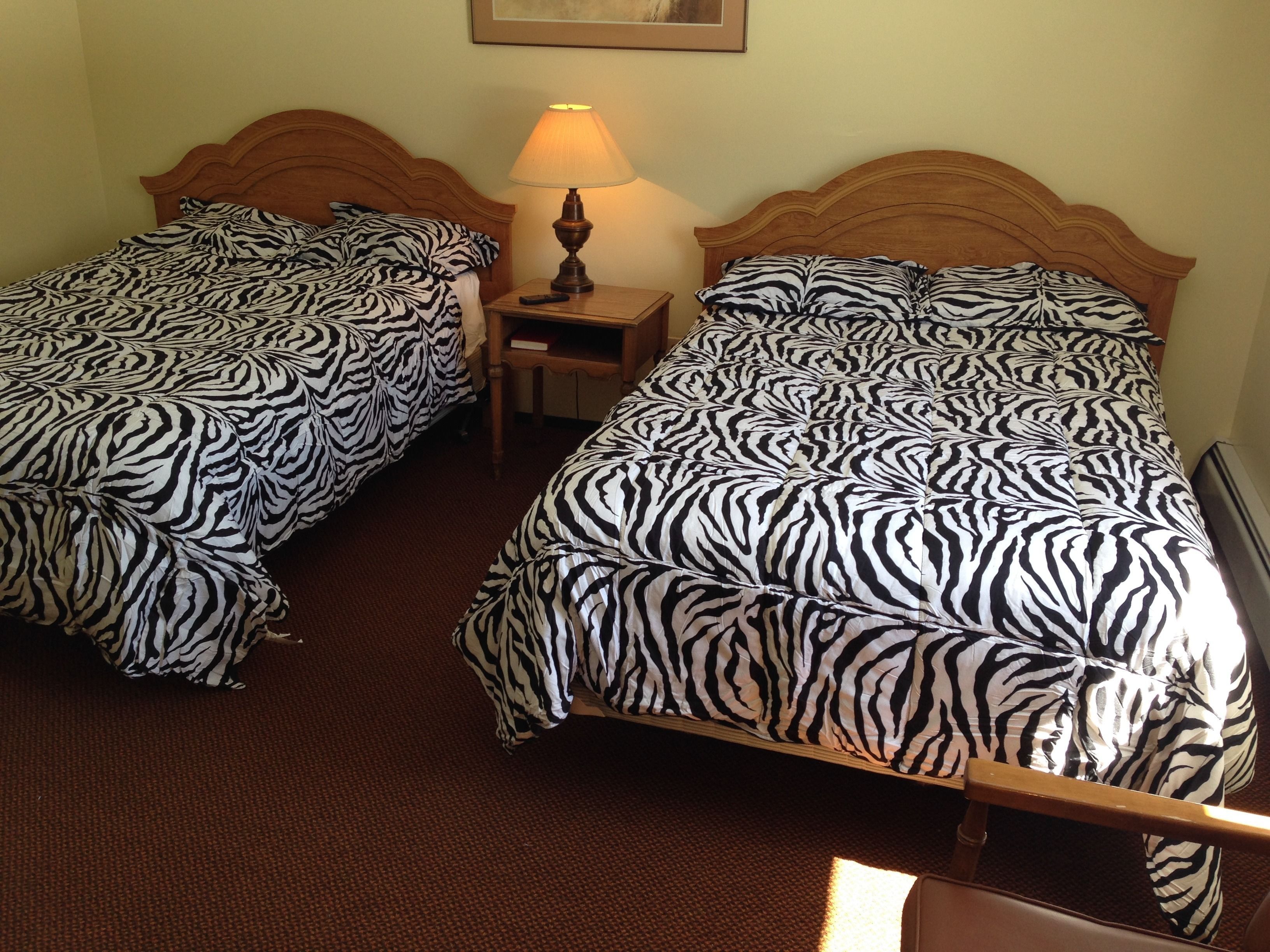 Two twin beds with zebra-patterned bedding, a nightstand with a lamp, and a framed picture on the wall.