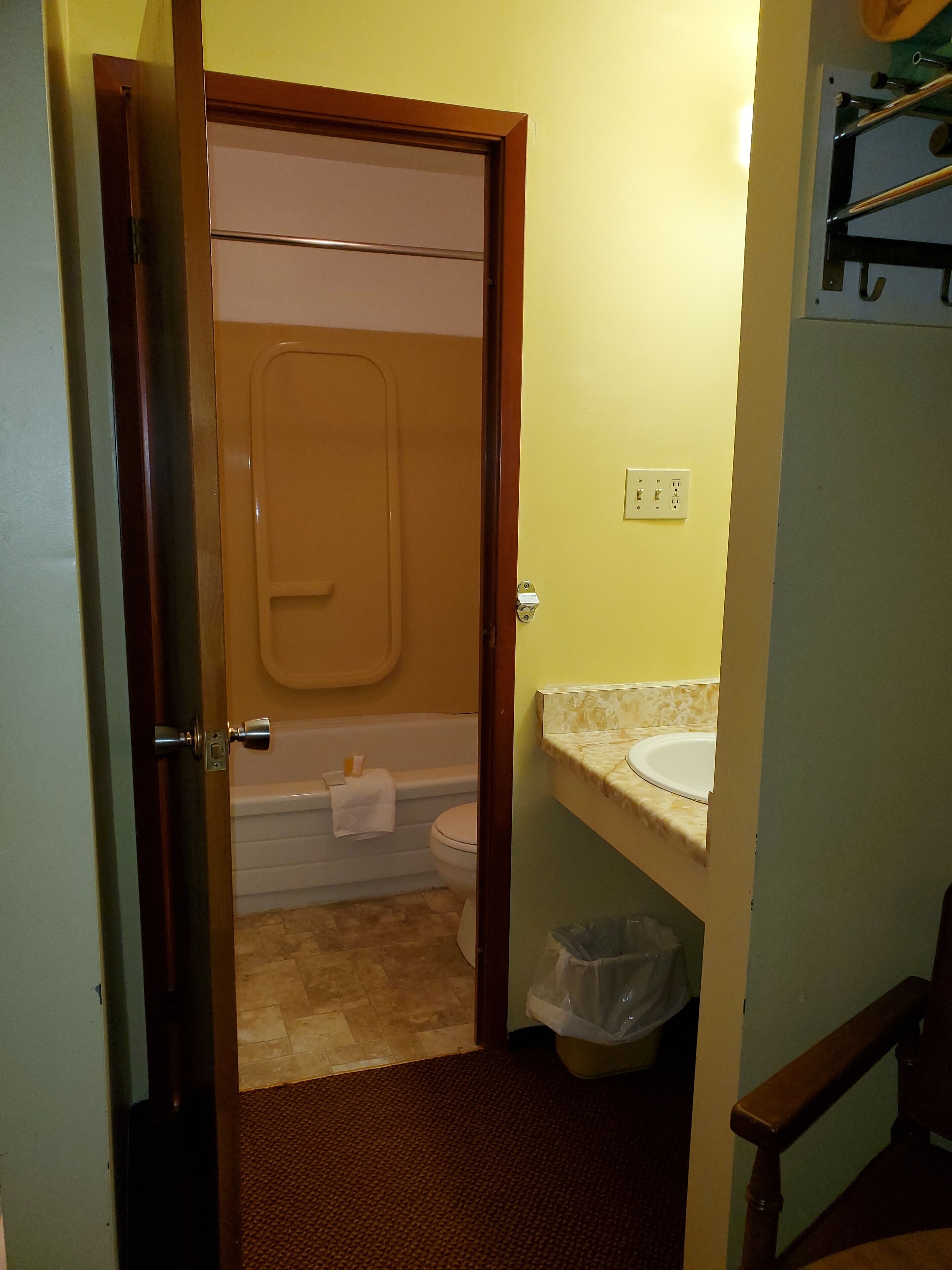 Combined shower/tub, free toiletries, hair dryer, towels