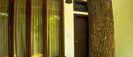 Un árbol en un patio con mobiliario de mimbre y una puerta.