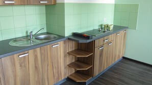 A kitchen with wooden cabinets, a stainless steel sink, and a green tiled backsplash. - Hostel Wratislavia (Wroclaw)
