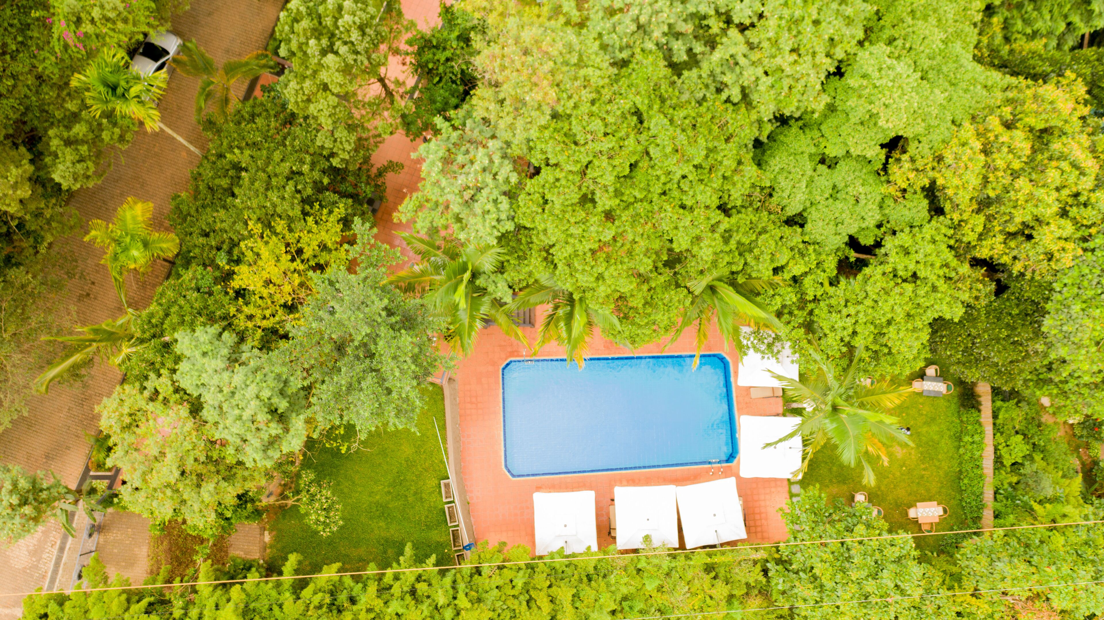 An aerial view of a property with a swimming pool surrounded by lush greenery and a paved area with outdoor furniture.