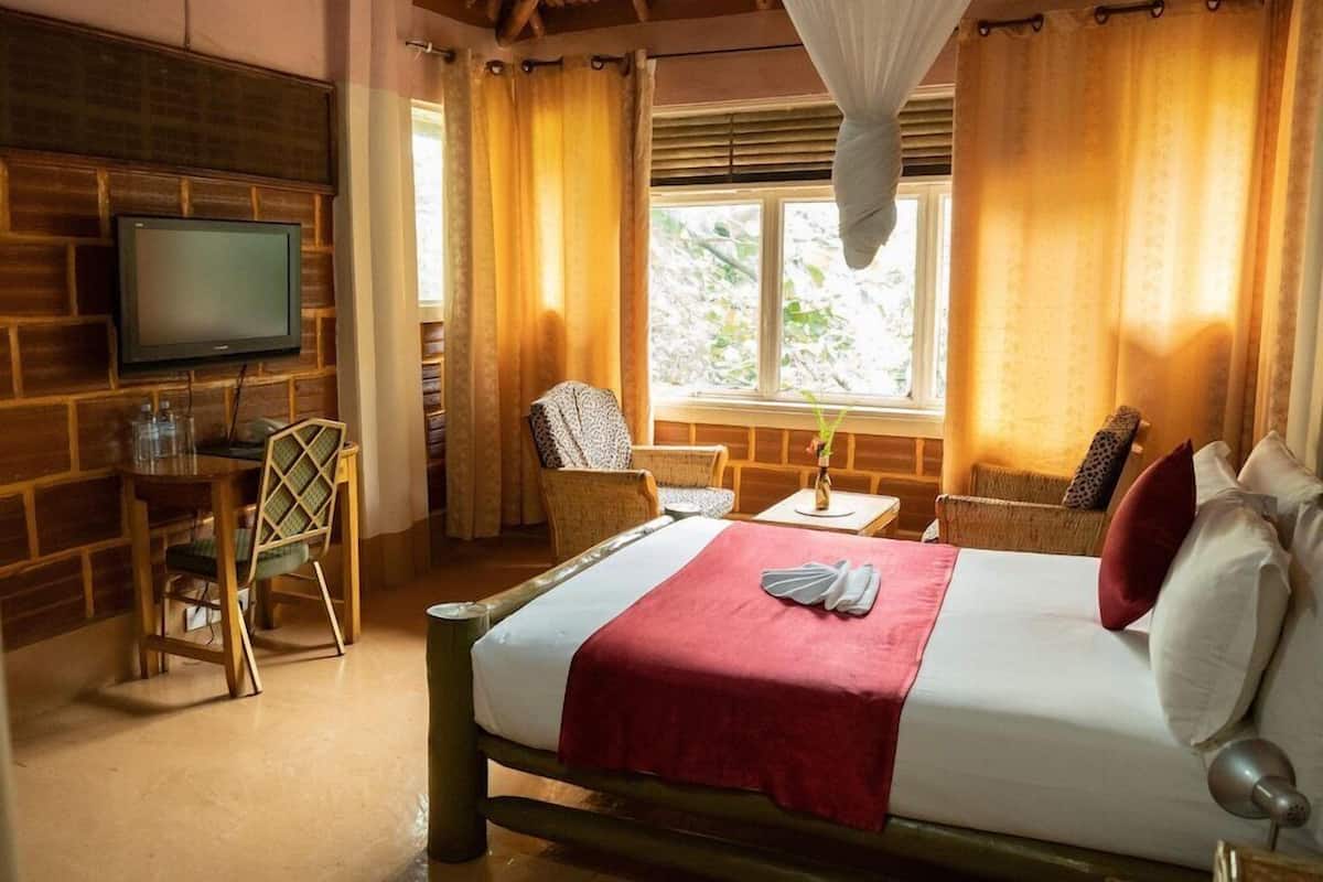 A room with a bed, a TV, a small table, and a window with curtains.