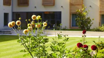 Un bâtiment doté de nombreuses fenêtres et d’une pelouse bien entretenue.