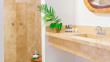 Shower, designer toiletries, hair dryer, bathrobes