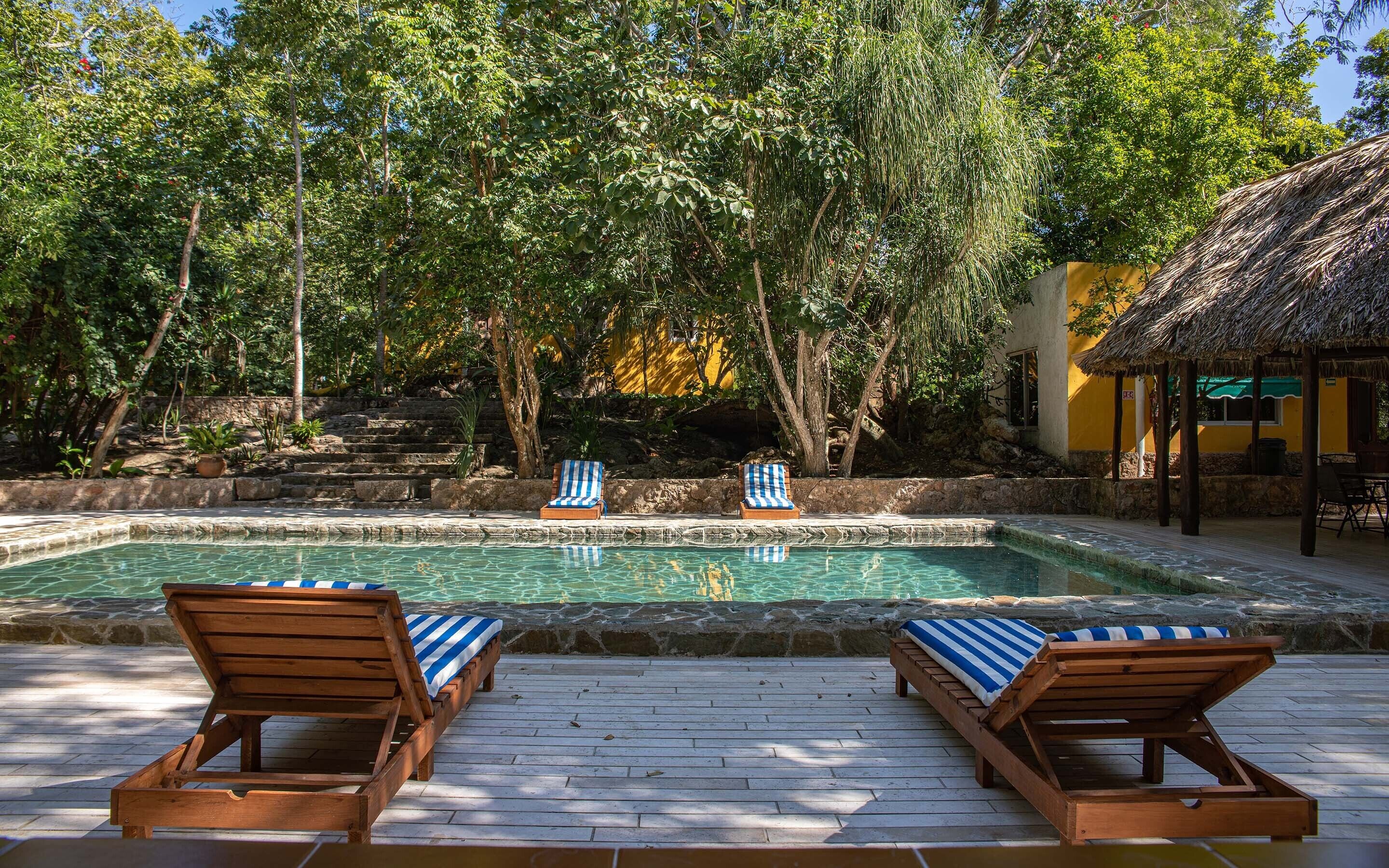 outdoor pool, pool loungers