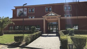 Una entrada de hotel con un camino empedrado que lleva a la puerta, rodeada de setos cuidados y una palmera.