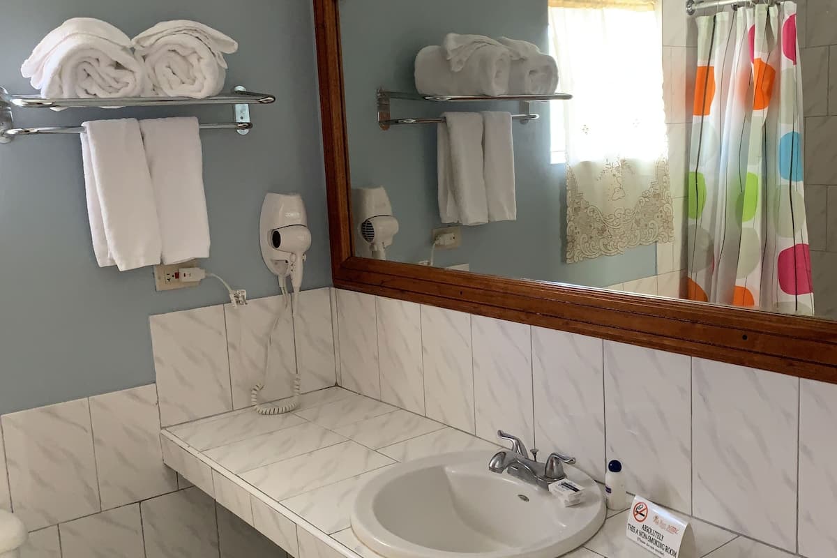 A bathroom with a sink, mirror, towel racks, and a shower curtain.