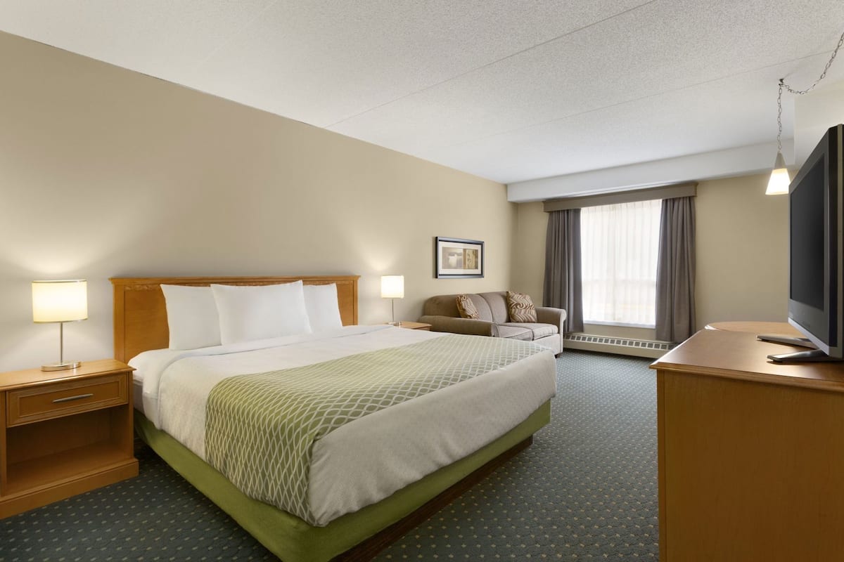 Une chambre d’hôtel avec un lit, un bureau, une télévision, une lampe, une chaise et une fenêtre.