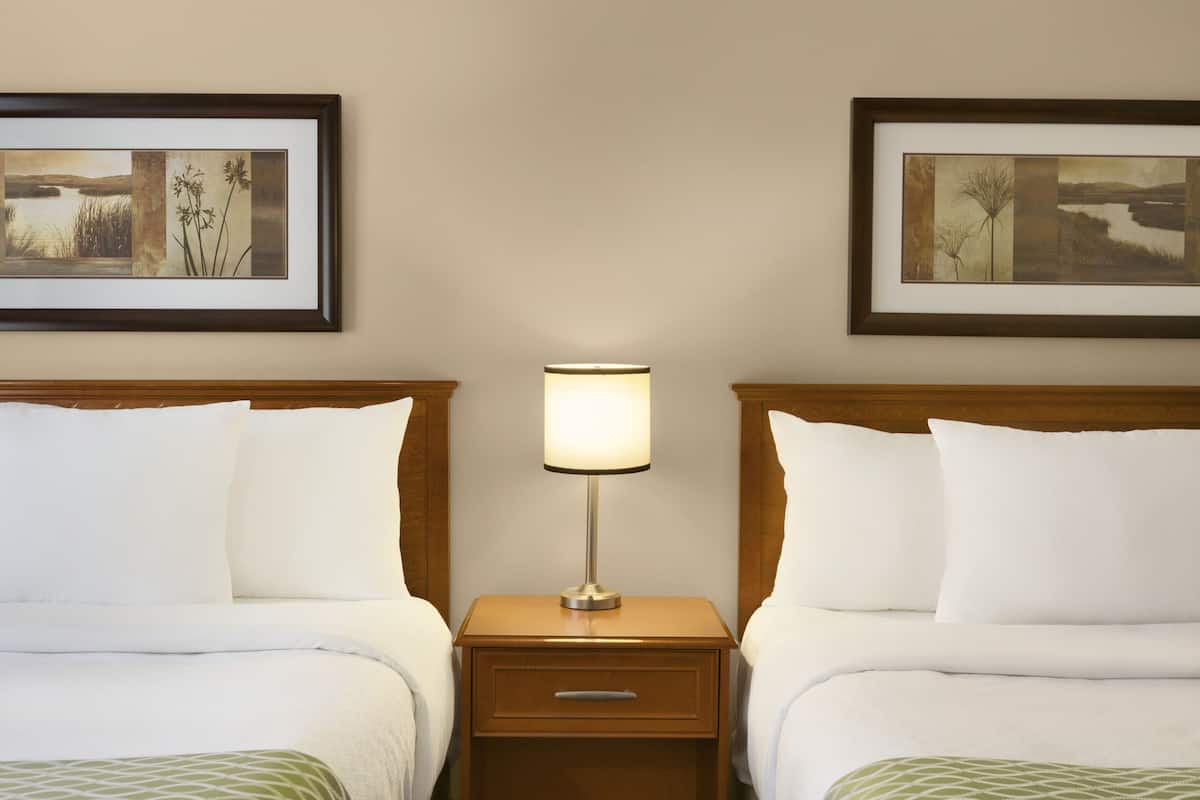 Une chambre d’hôtel avec deux lits, une table de chevet avec une lampe et deux tableaux encadrés au mur.