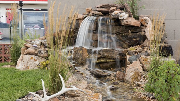 A small waterfall cascading over rocks, surrounded by grass and plants. - Travel Inn (Laramie)