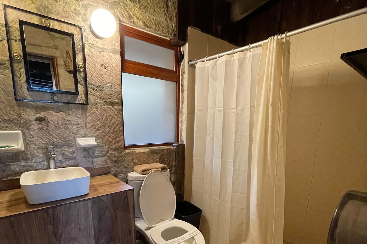 Een badkamer met een houten wastafel, een wit toilet, een spiegel en een douchegordijn.