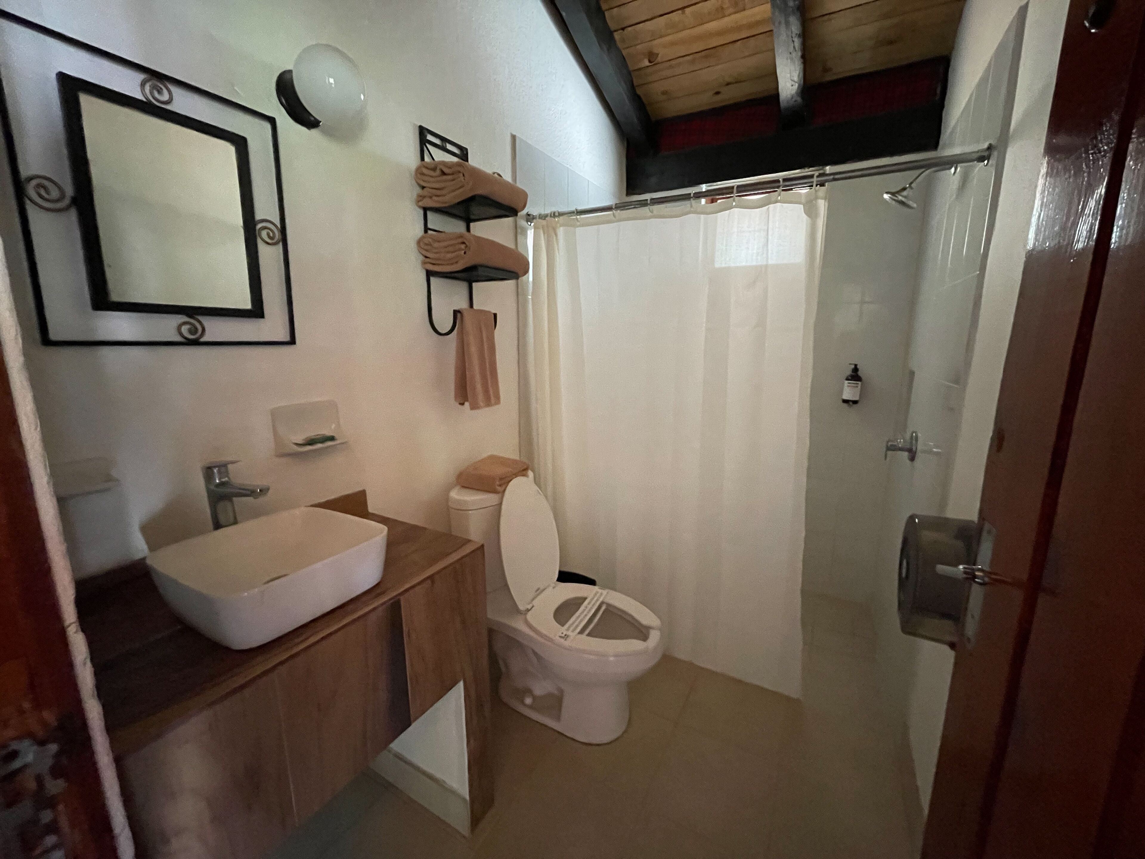 A bathroom with a sink, mirror, towel rack, toilet, and shower curtain.