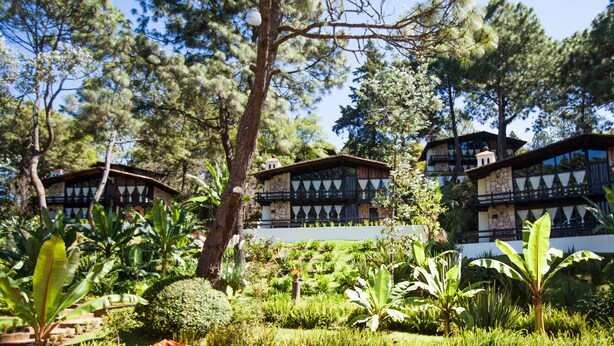 A resort with multiple chalet-style buildings surrounded by lush greenery and trees.