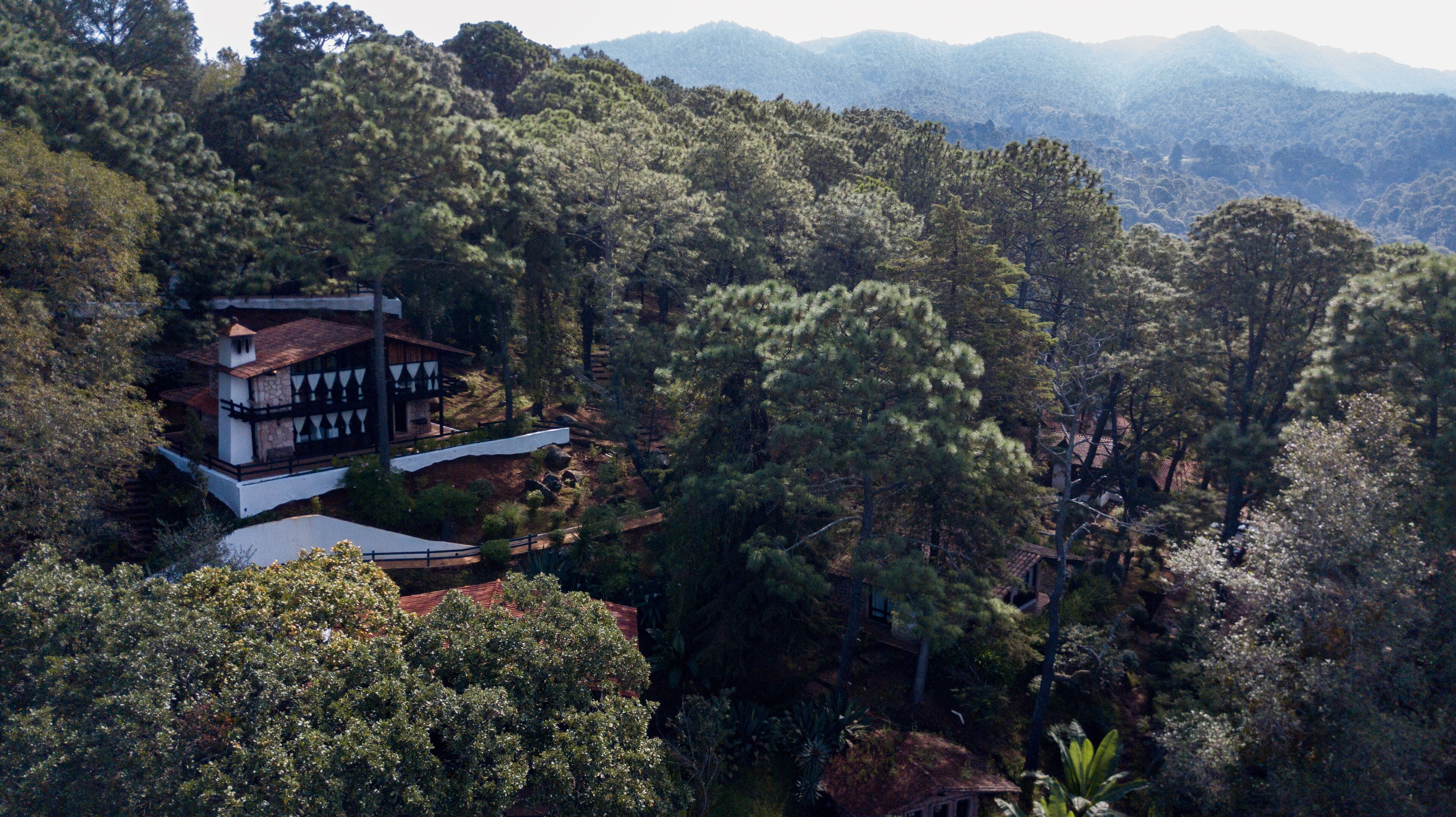A modern house surrounded by dense forest and mountains.