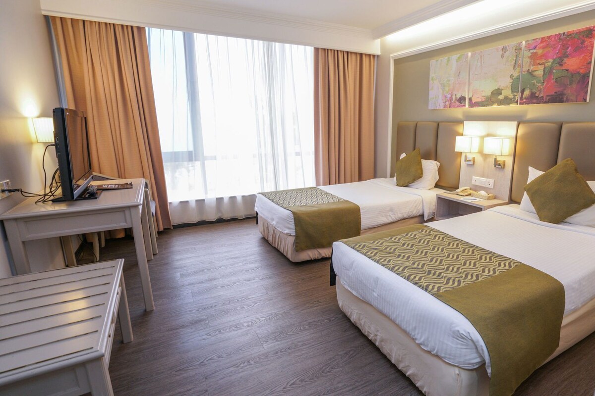 Habitación de hotel con dos camas, un escritorio, una silla, un televisor y un cuadro en la pared.