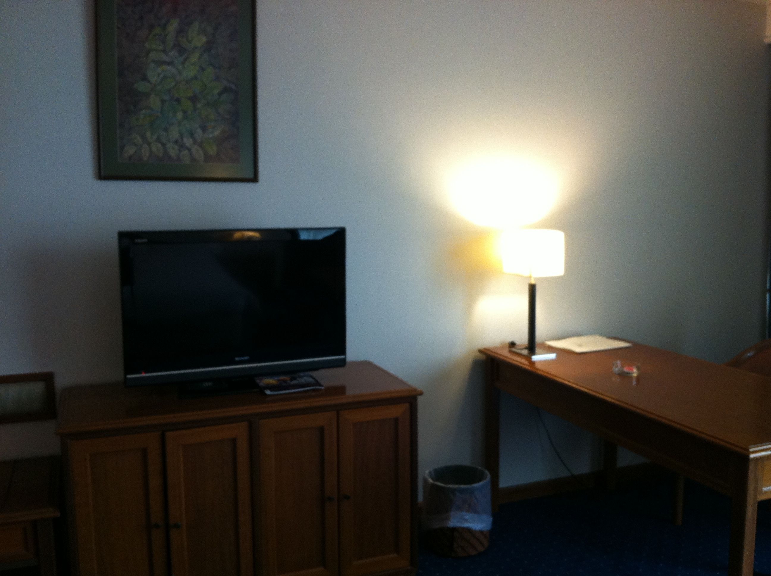 Habitación de hotel con una televisión sobre un mueble de madera, una lámpara en un escritorio y un cubo de basura.