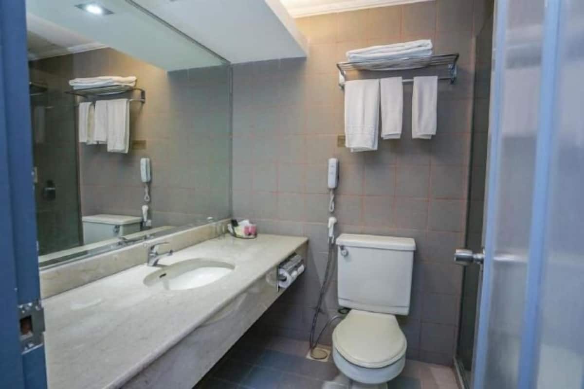 Dusche, Haartrockner, Hausschuhe, Bidet