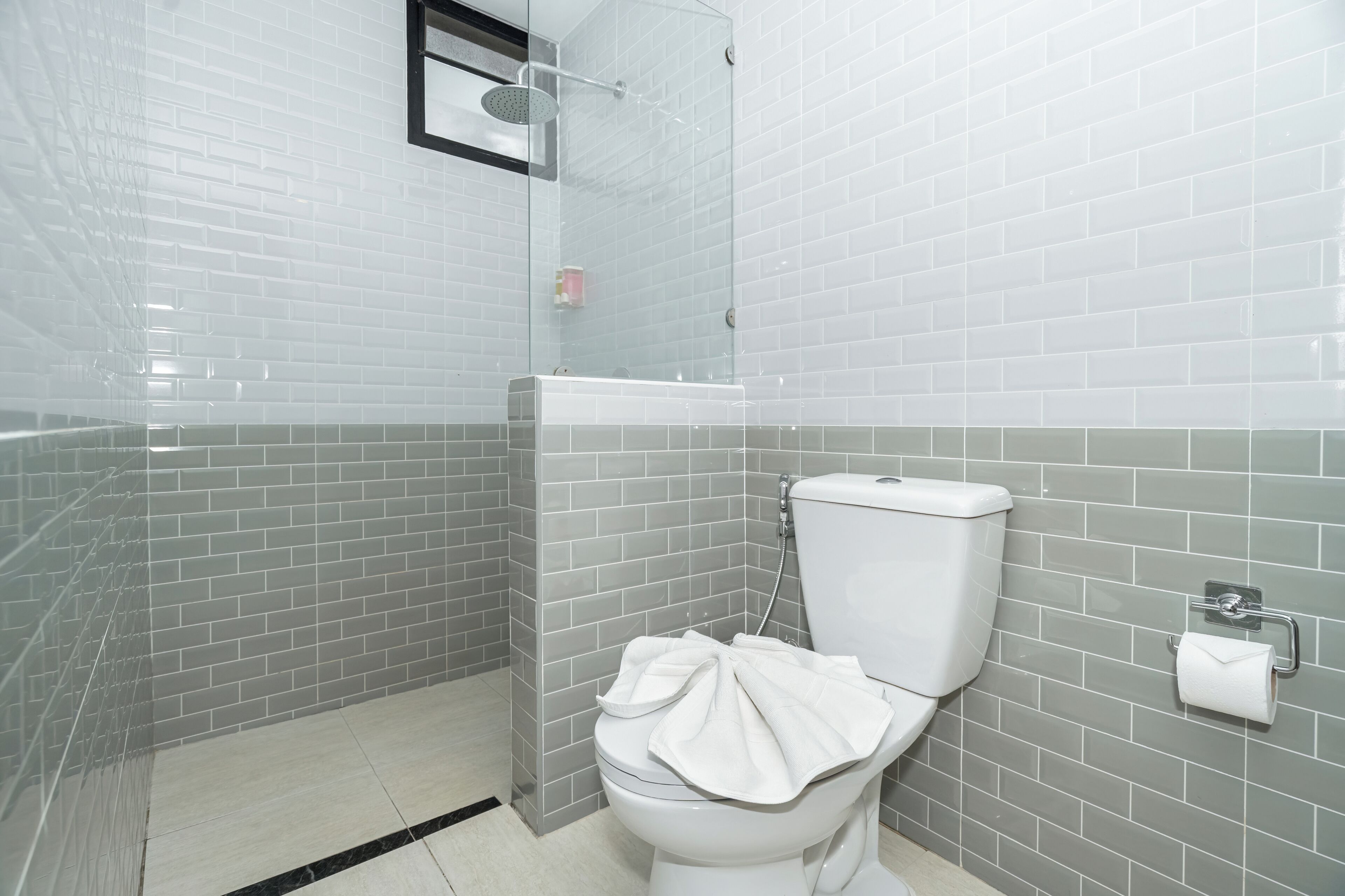 Ein Badezimmer mit Toilette, Duschkabine und Glasabtrennung.