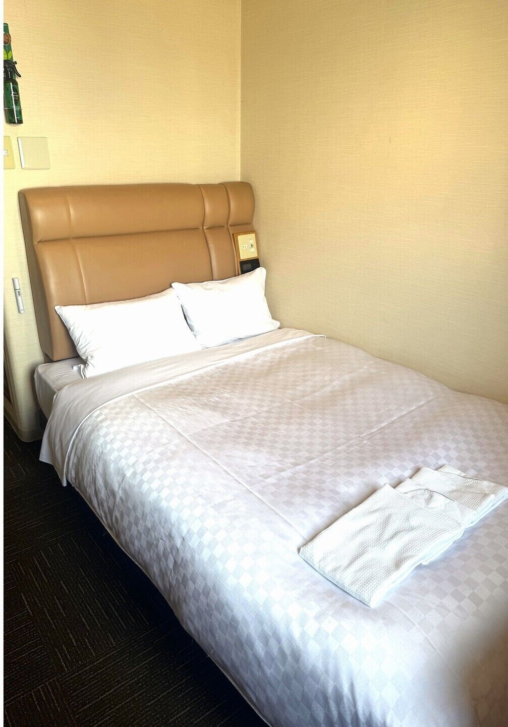 A hotel room with a bed, a headboard, a bedside table, and a wall-mounted light.