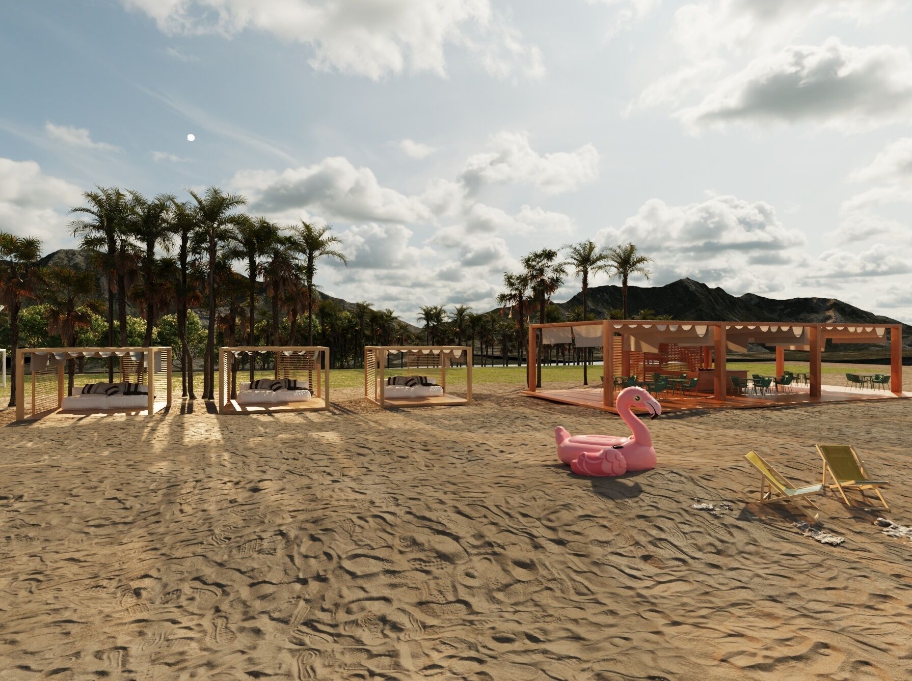 En la playa, camastros, sombrillas y toallas de playa 