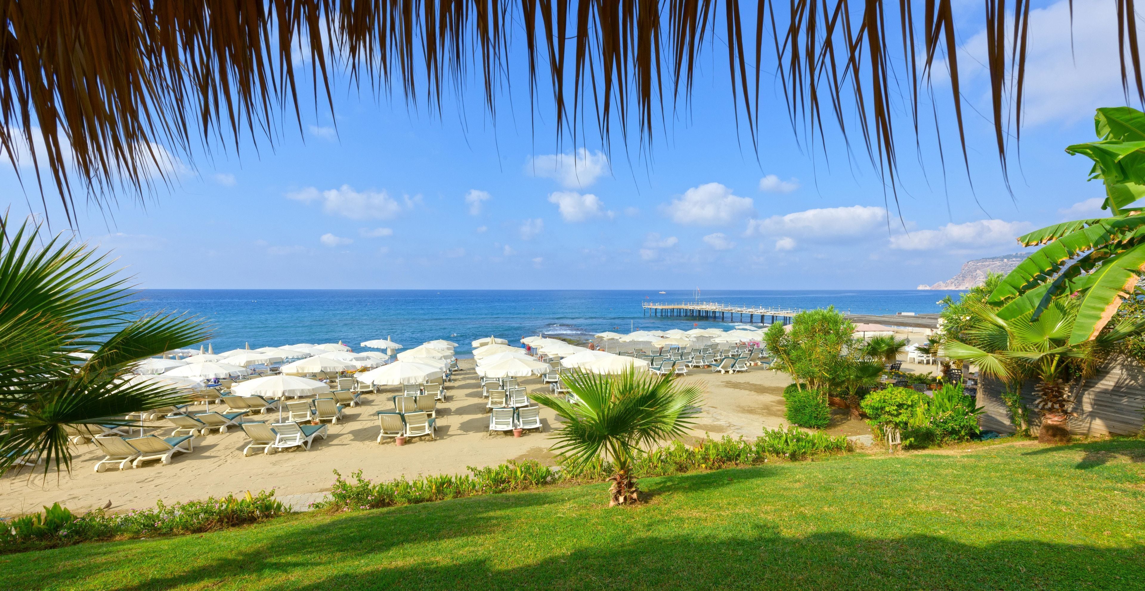 A beach with sun loungers and umbrellas, a pier, and a view of the sea.