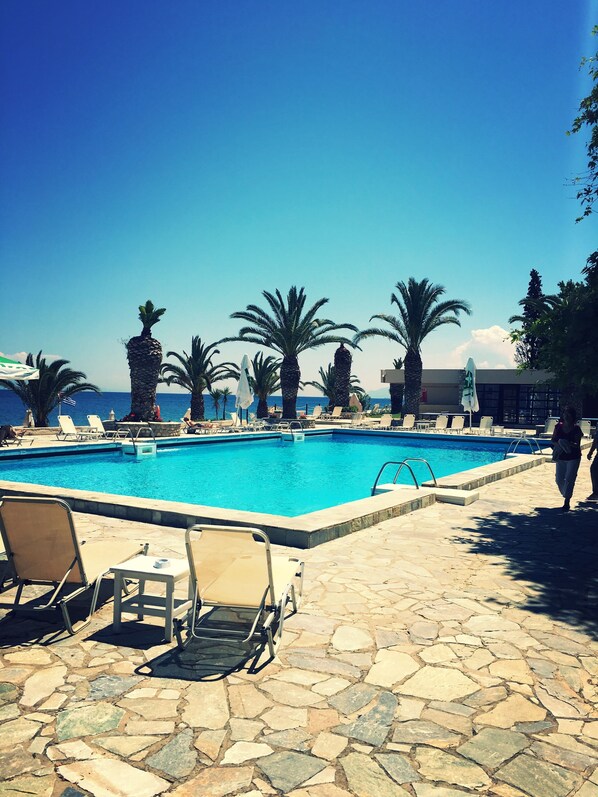 Seasonal outdoor pool, pool umbrellas, pool loungers