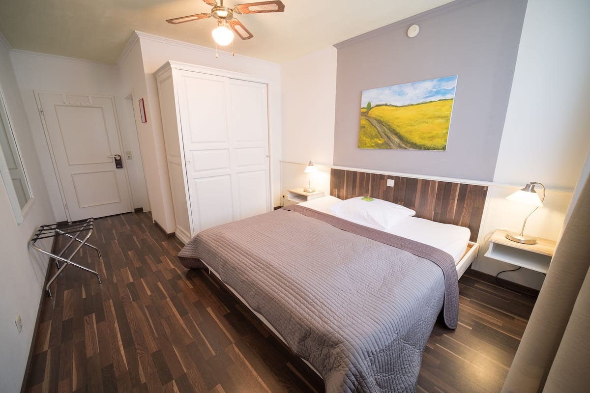 A bedroom with a bed, a ceiling fan, a painting on the wall, and a wooden floor.