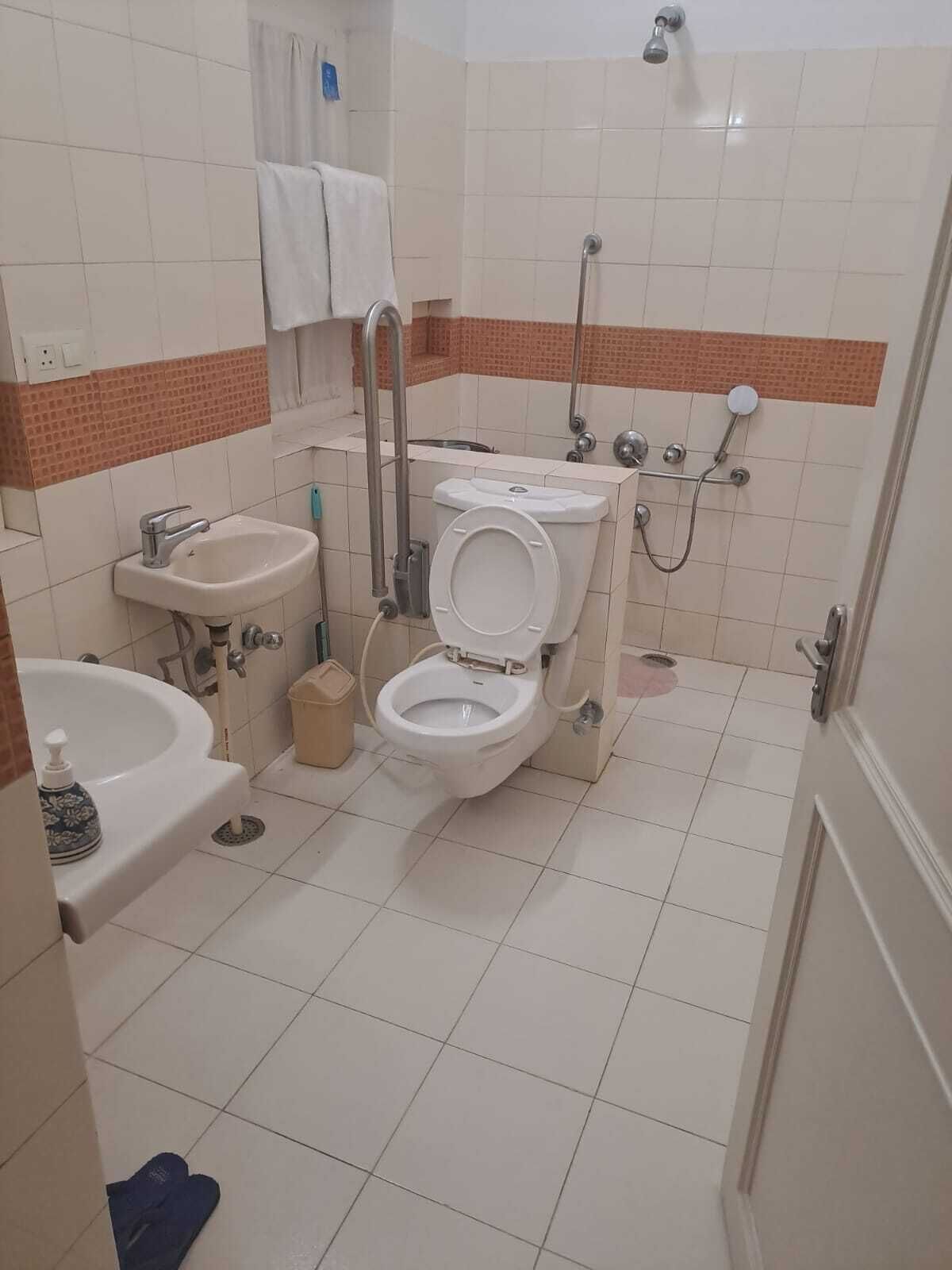 Un baño con inodoro, lavabo y ducha.