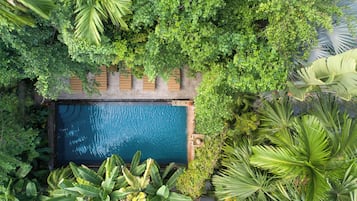 Una piscina cubierta, una piscina al aire libre, tumbonas