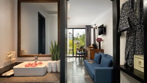 A modern bathroom with a large mirror, sink, and a view of the outdoor balcony. - The Community - Siem Reap (Siem Reap)