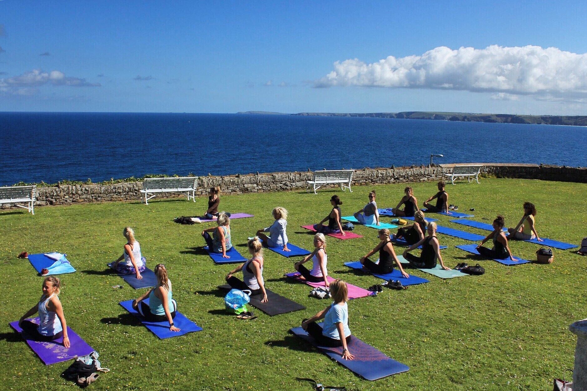 Un gruppo di persone su tappetini da yoga all'aperto con vista sul mare.