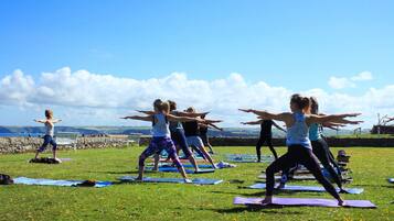 A group of people performing yoga on mats in an open grassy area with a scenic view of hills and a bridge in the background.