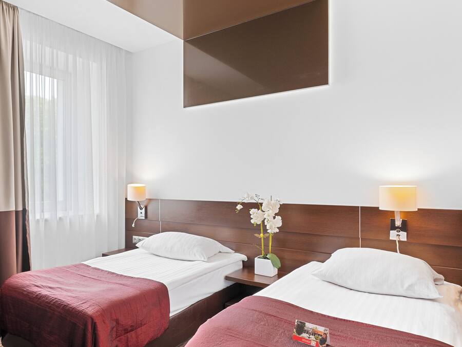 Habitación de hotel con dos camas, cabecera de madera, mesita de noche con lámpara y cortinas traslúcidas.
