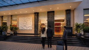A hotel entrance with a large marble wall, steps leading up to the door, and potted plants.