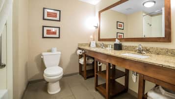 Een badkamer met toilet, wastafel en spiegel. Handdoeken en een douchegordijn zijn zichtbaar.