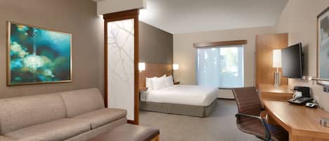 A hotel room with a bed, a sofa, a desk, a chair, a coffee maker, and a TV.