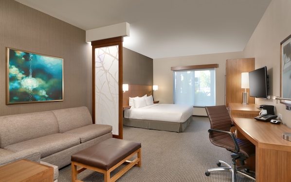 A hotel room with a bed, a sofa, a desk, a chair, a coffee maker, and a TV.