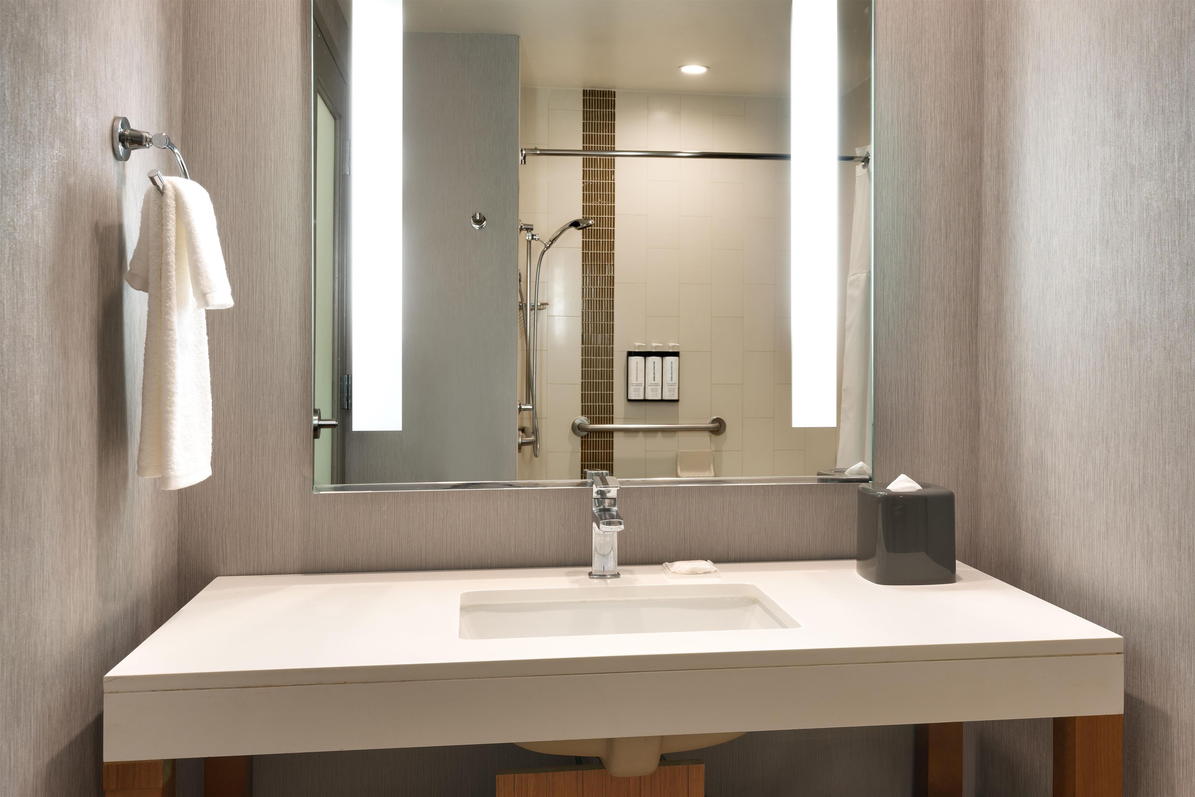Une salle de bain moderne avec un grand miroir, un lavabo blanc, un porte-serviettes et une douchette à main.